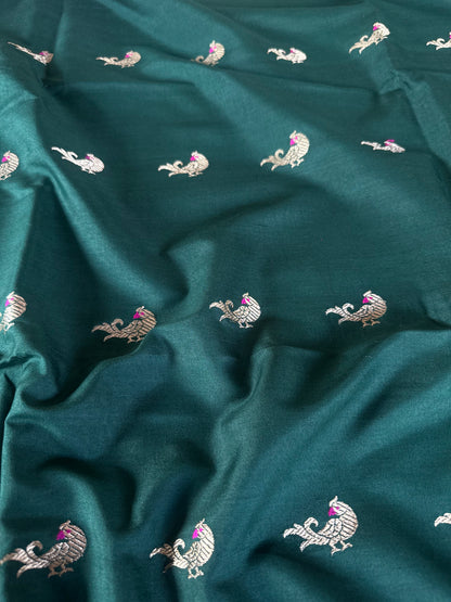 Handwoven Bottle Green Bird Meenakari Fabric Thaan