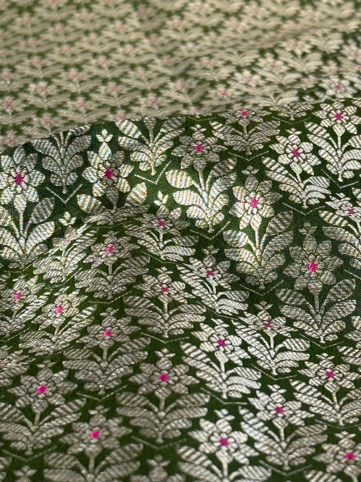 Handwoven Bottle Green Silk Brocade Meenakari Fabric Thaan