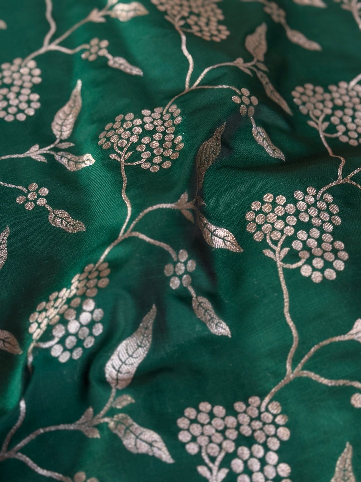 Handwoven Bottle Green Silk Jaal Fabric Thaan