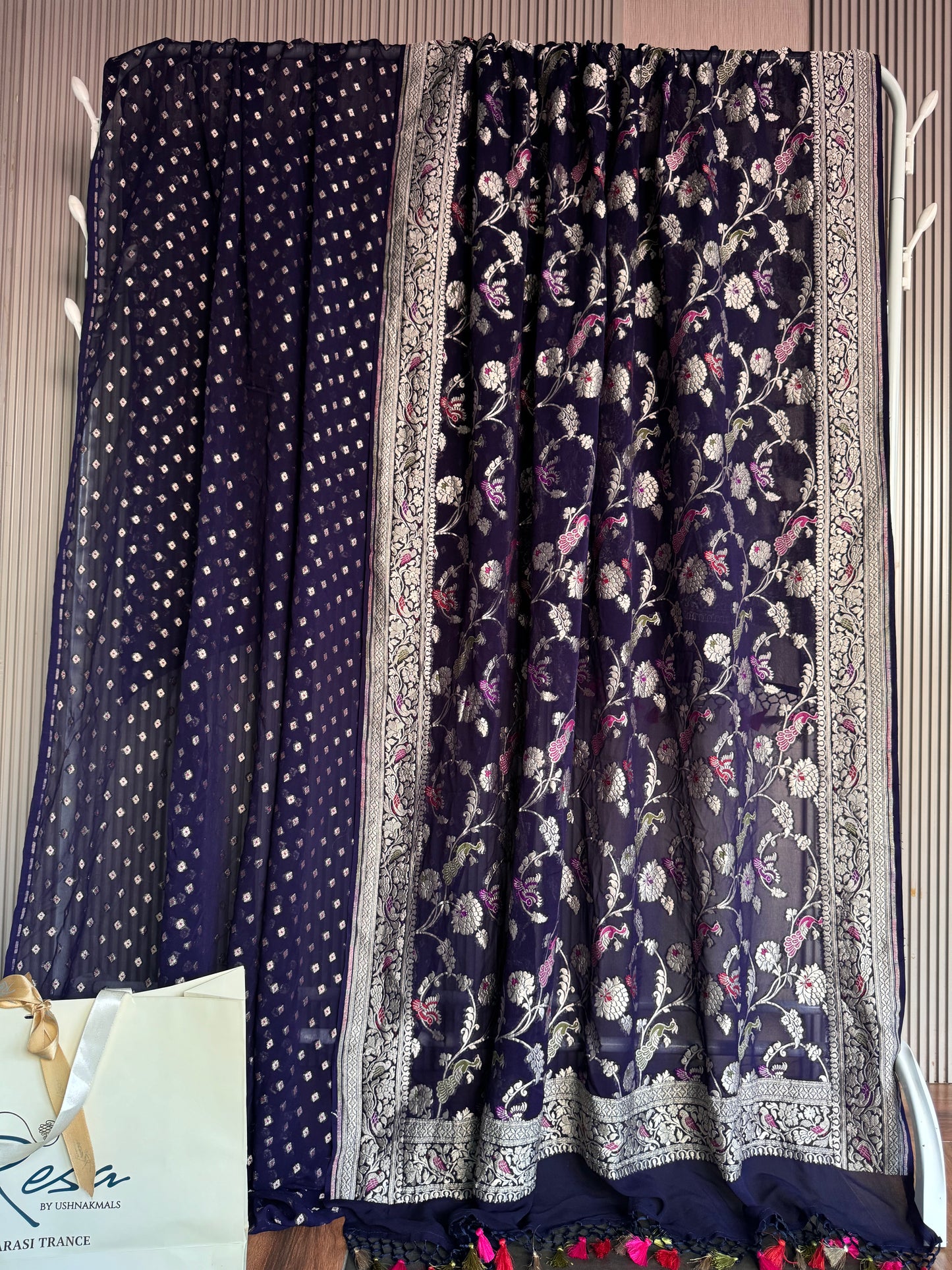 Handwoven Georgette Navy Blue Shikargah Dupatta Unstitched Suit Set