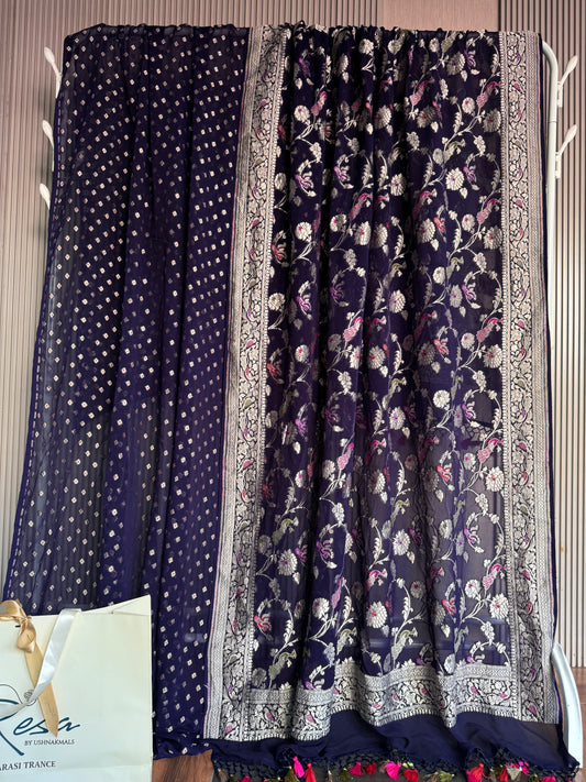 Handwoven Georgette Navy Blue Shikargah Dupatta Unstitched Suit Set