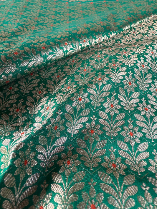 Handwoven Green Silk Brocade Meenakari Fabric Thaan