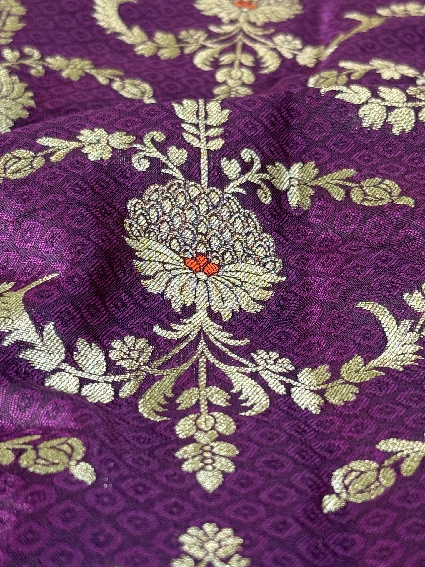 Handwoven Purple Silk Tanchoi Meenakari Jaal Fabric Thaan