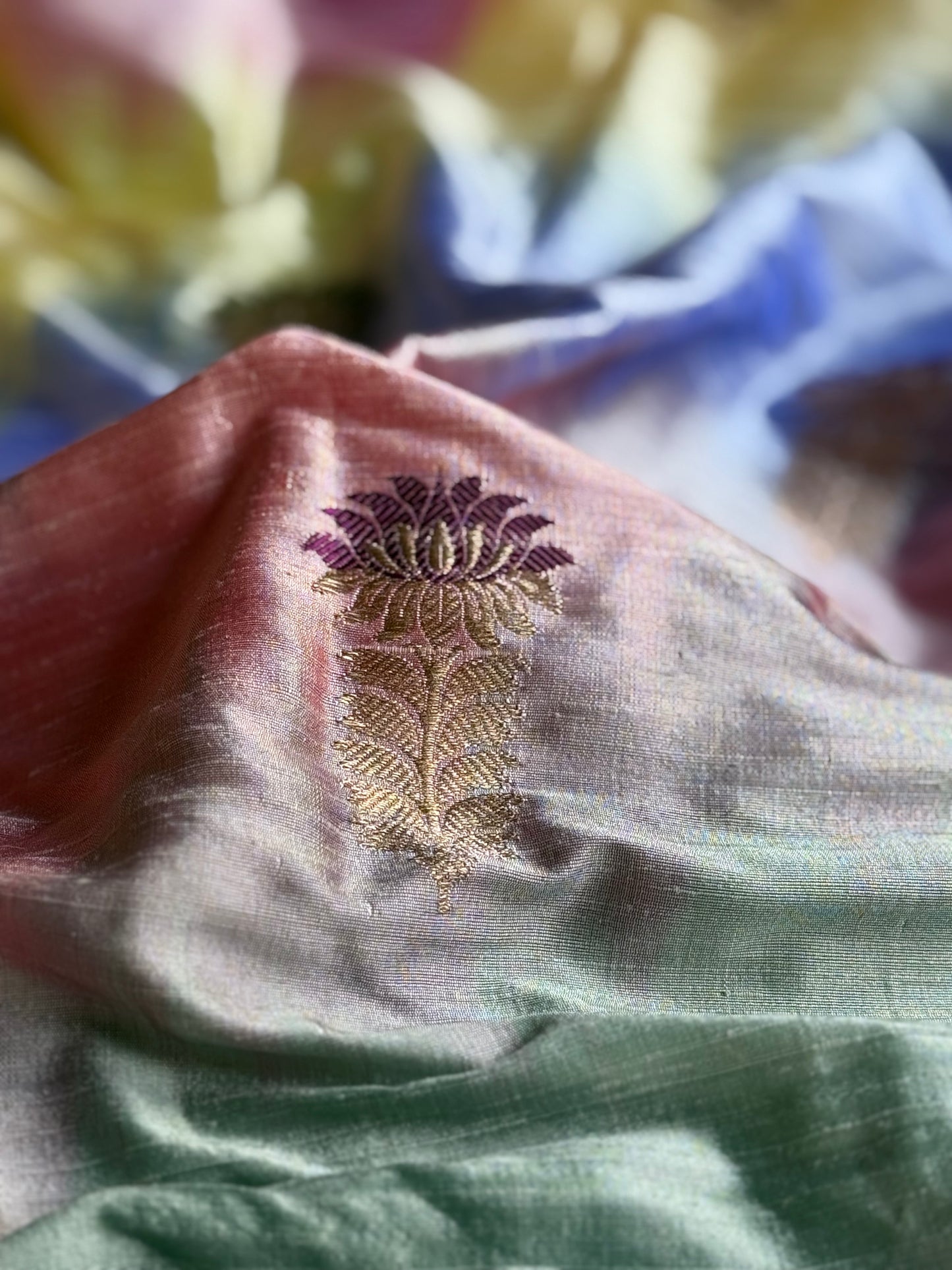 Handwoven Raw Silk Pastel Rangkat Fabric Thaan