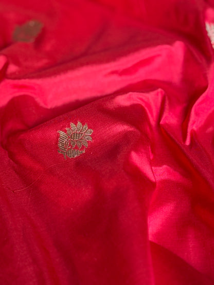 Handwoven Red Katan Silk Floral Kadhwa Buta Thaan