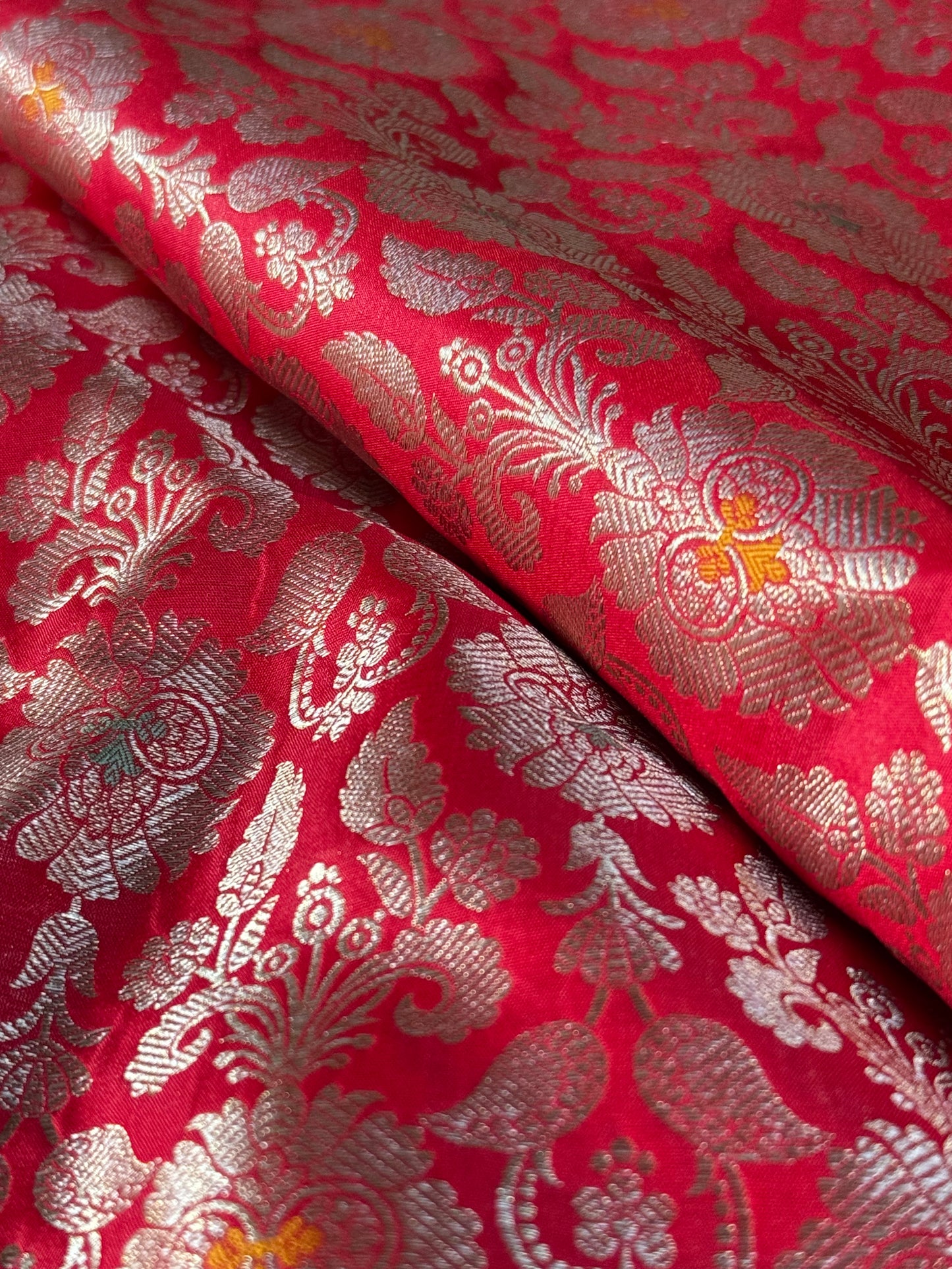 Handwoven Red Silk Meenakari Jaal Fabric Thaan