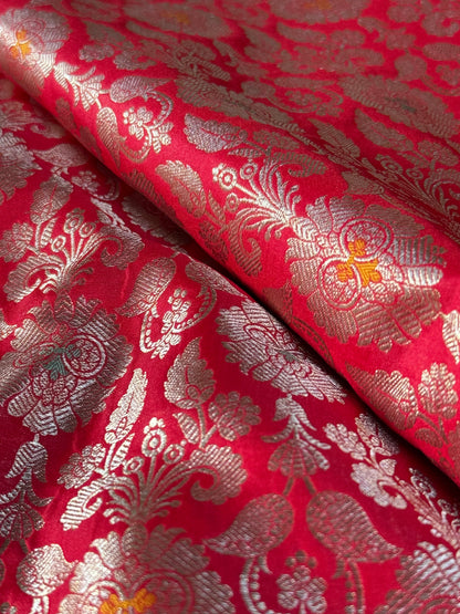 Handwoven Red Silk Meenakari Jaal Fabric Thaan