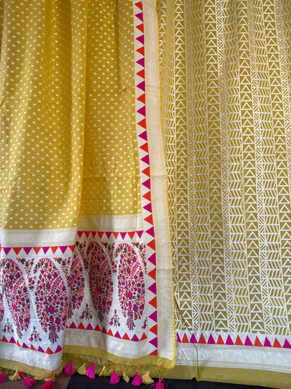 Handwoven Yellow Cotton Silk Meenakari Abstract Suit Set