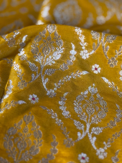 Handwoven Yellow Silk Meenakari Jaal Fabric Thaan