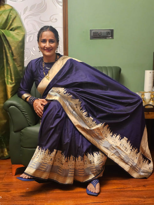 Handwoven Navy Blue Katan Silk Banarasi Ghat Saree