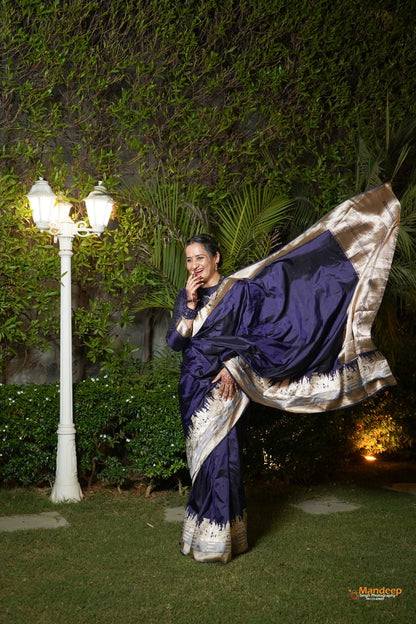 Handwoven Navy Blue Katan Silk Banarasi Ghat Saree