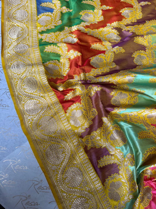 Handwoven Yellow Butterfly Rangkat Banarasi Saree