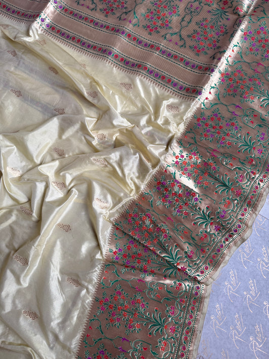 Handwoven Ivory Silk Paithani Banarasi Saree