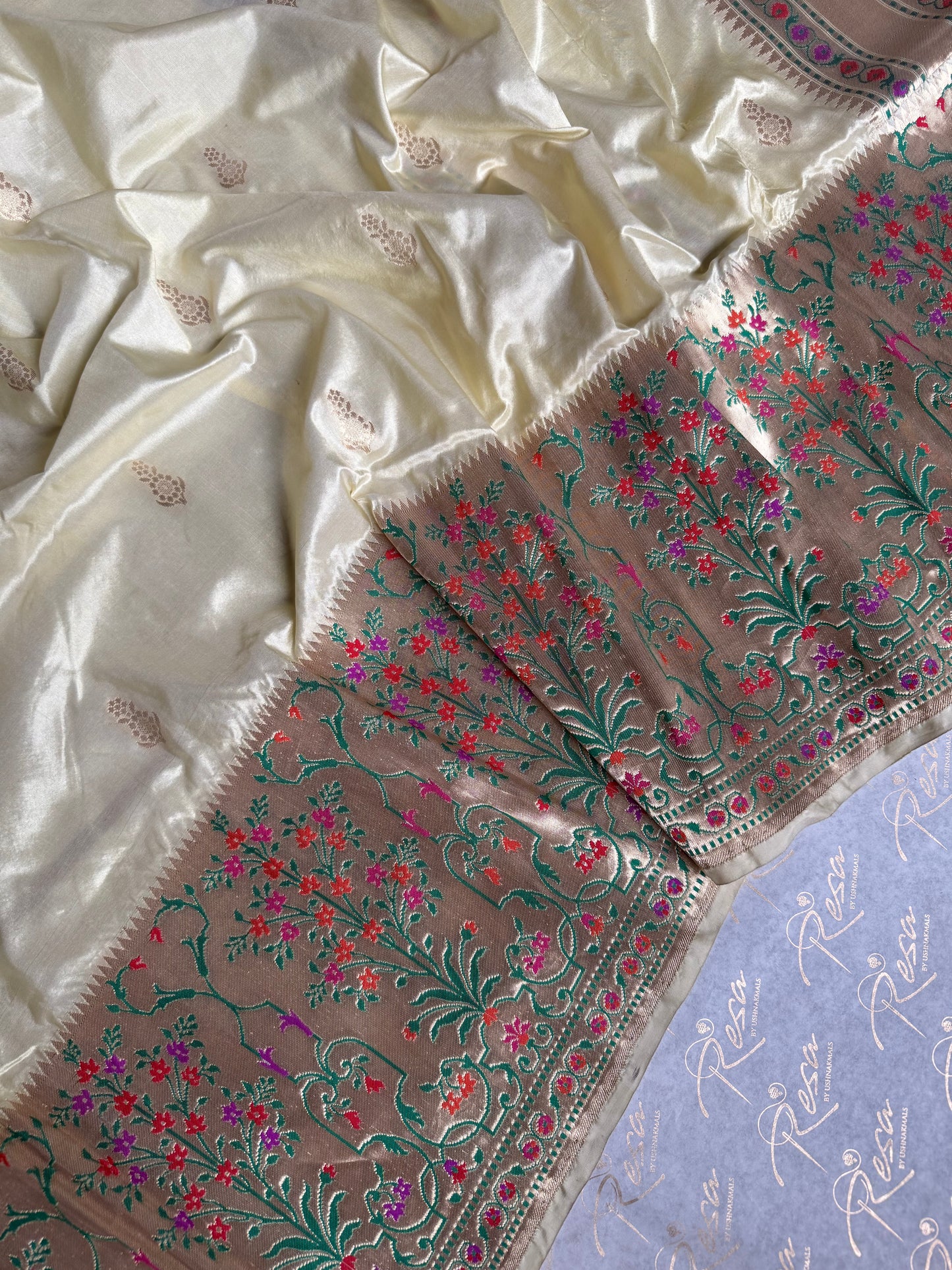 Handwoven Ivory Silk Paithani Banarasi Saree
