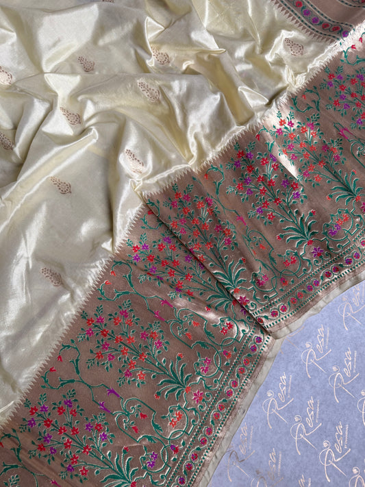 Handwoven Ivory Silk Paithani Banarasi Saree