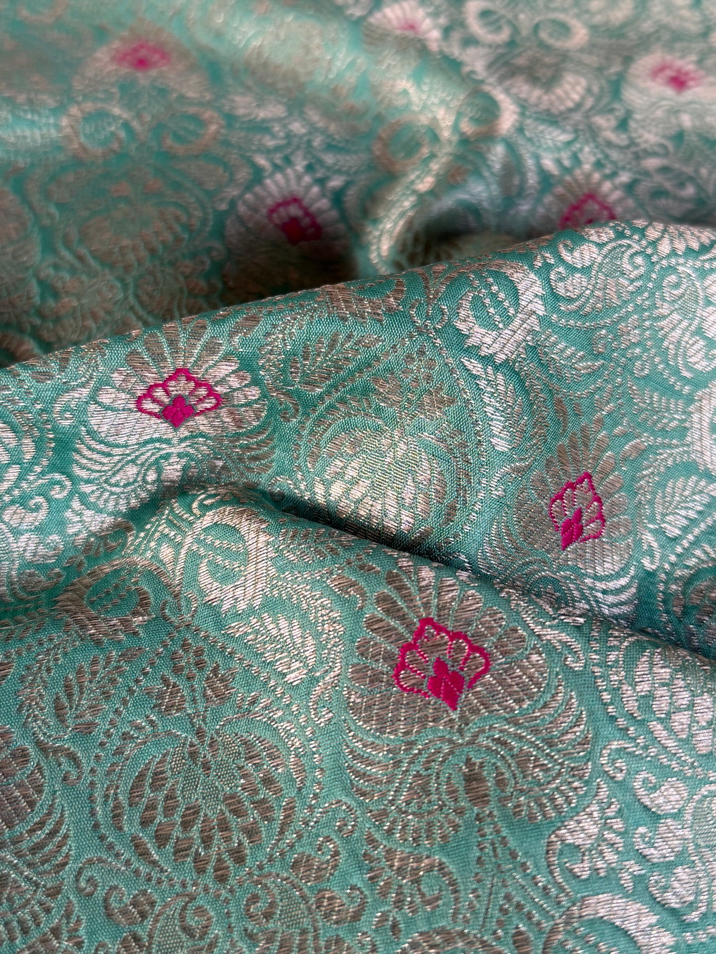 Handwoven Aqua Silk Meenakari Fabric Thaan