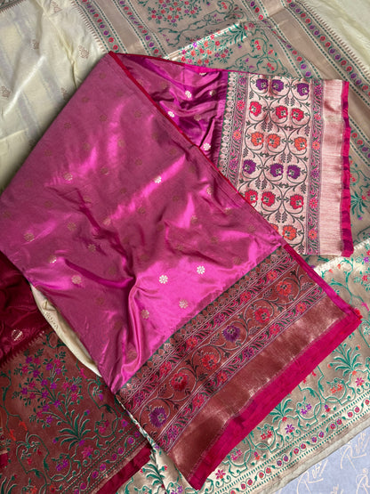 Handwoven Ivory Silk Paithani Banarasi Saree