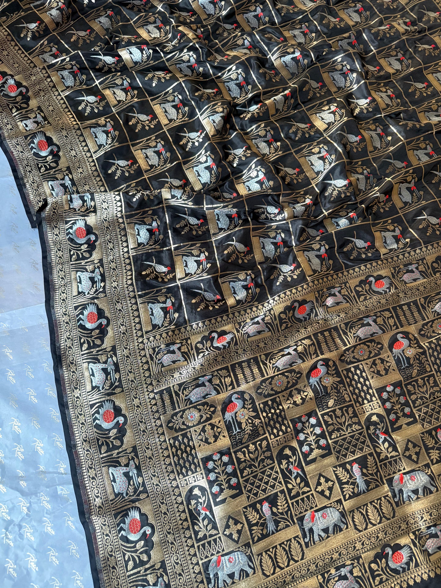 Handwoven Black Katan Silk Shikargah Banarasi Saree