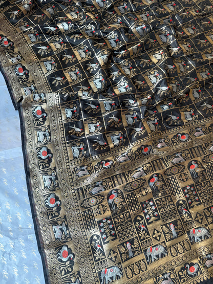 Handwoven Black Katan Silk Shikargah Banarasi Saree