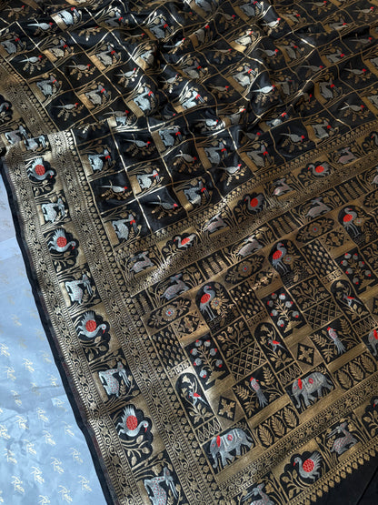 Handwoven Black Katan Silk Shikargah Banarasi Saree