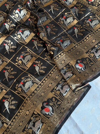 Handwoven Black Katan Silk Shikargah Banarasi Saree