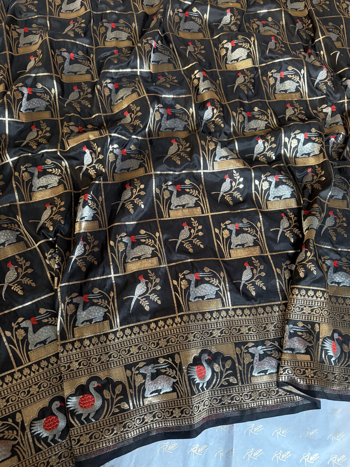 Handwoven Black Katan Silk Shikargah Banarasi Saree