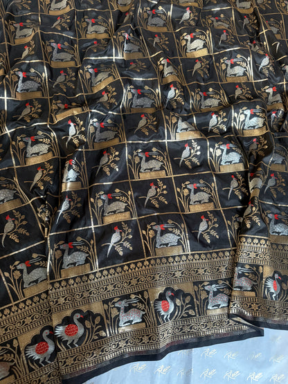 Handwoven Black Katan Silk Shikargah Banarasi Saree