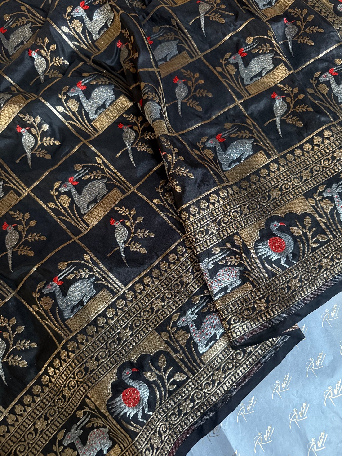 Handwoven Black Katan Silk Shikargah Banarasi Saree