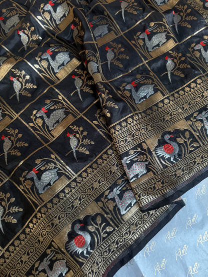 Handwoven Black Katan Silk Shikargah Banarasi Saree