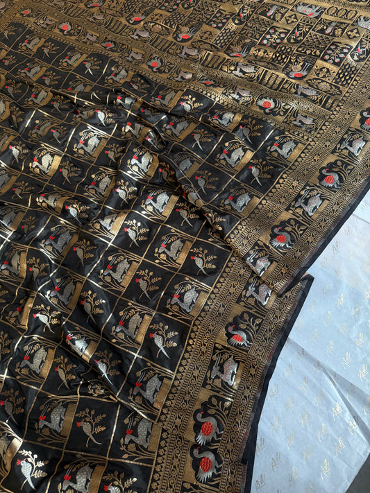 Handwoven Black Katan Silk Shikargah Banarasi Saree