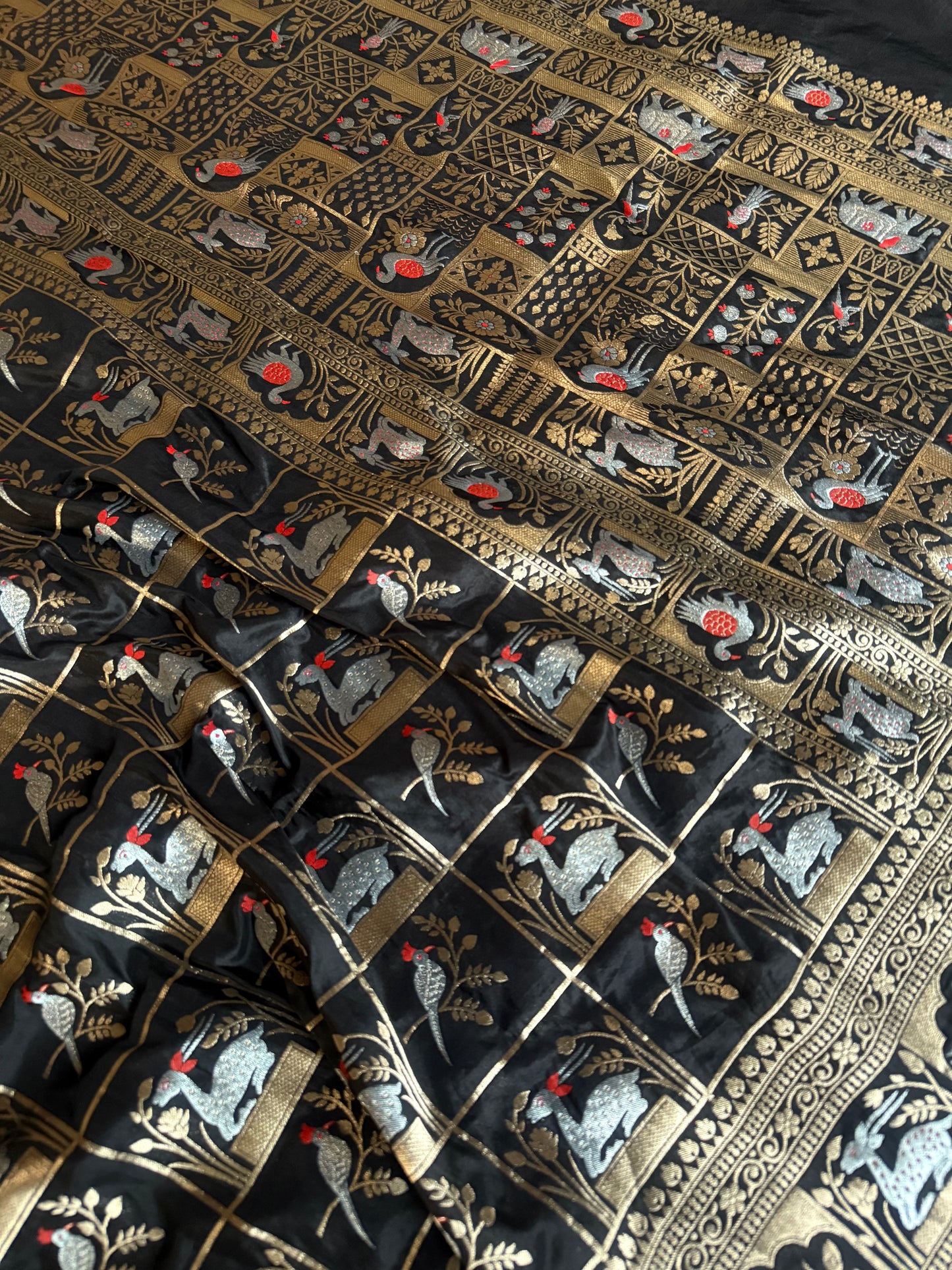 Handwoven Black Katan Silk Shikargah Banarasi Saree