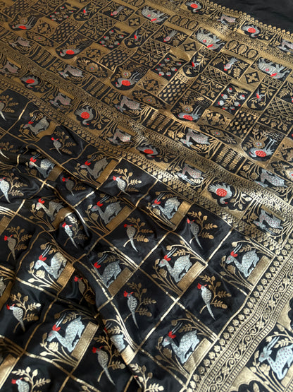 Handwoven Black Katan Silk Shikargah Banarasi Saree