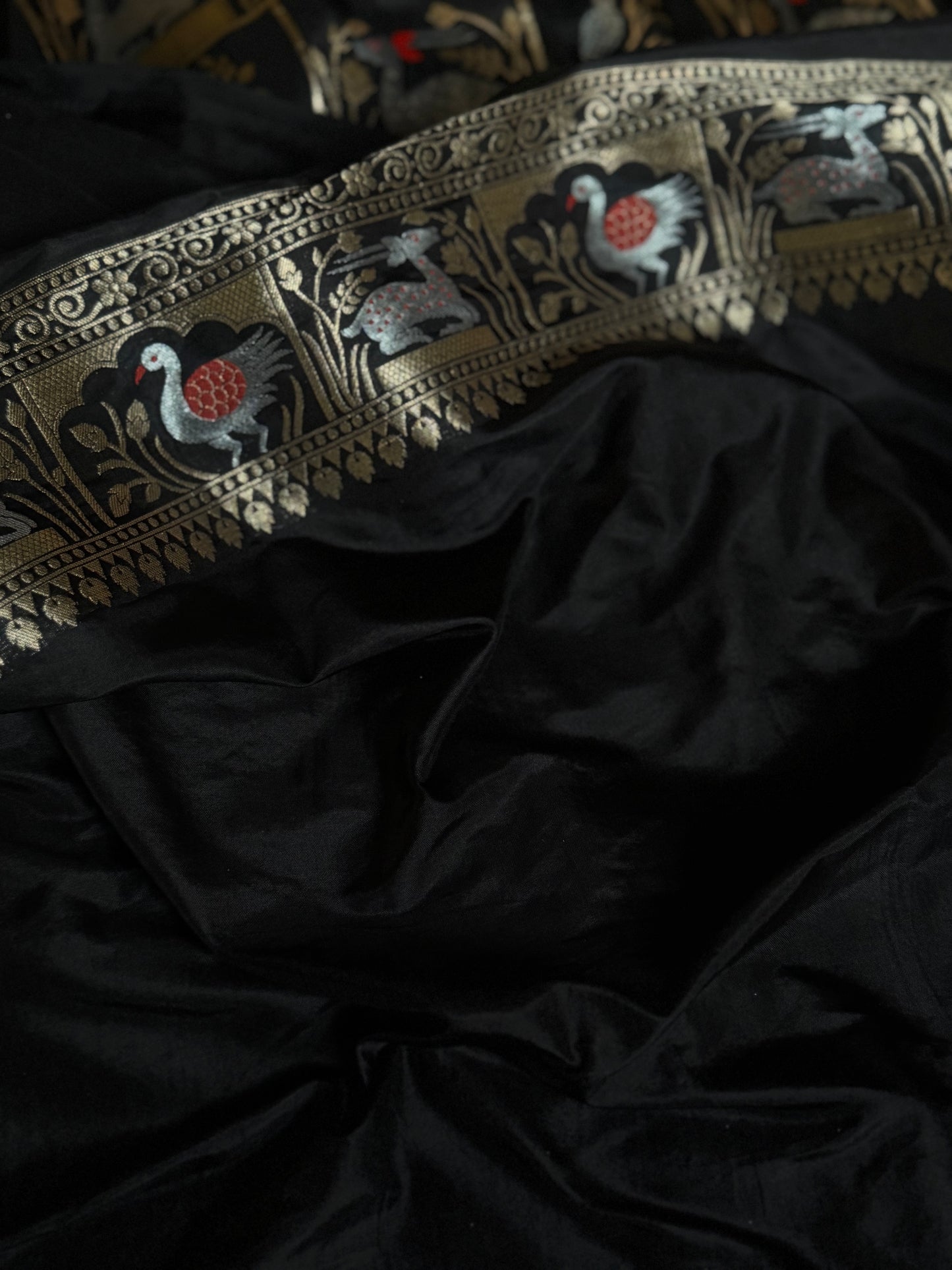 Handwoven Black Katan Silk Shikargah Banarasi Saree