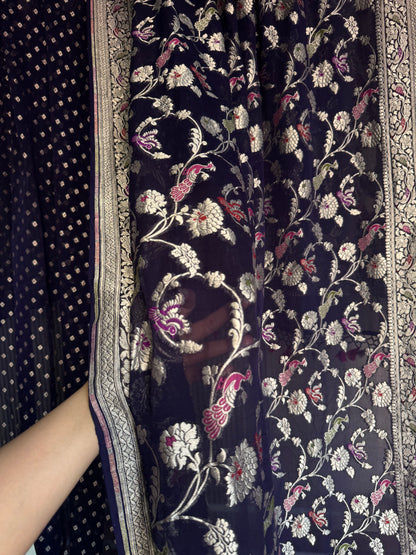 Handwoven Georgette Navy Blue Shikargah Dupatta Unstitched Suit Set