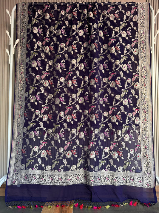 Handwoven Georgette Navy Blue Shikargah Dupatta Unstitched Suit Set