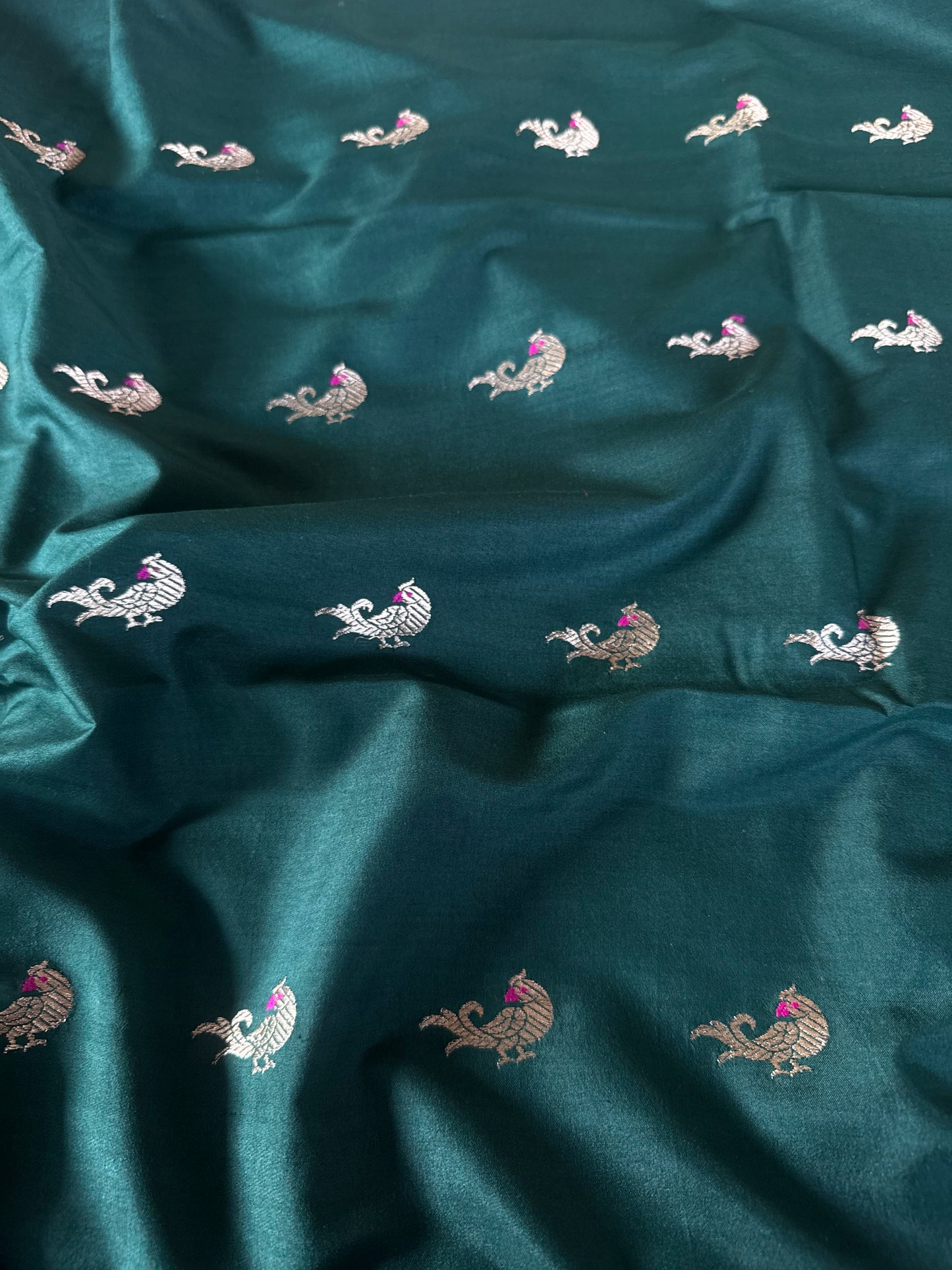 Handwoven Bottle Green Bird Meenakari Fabric Thaan