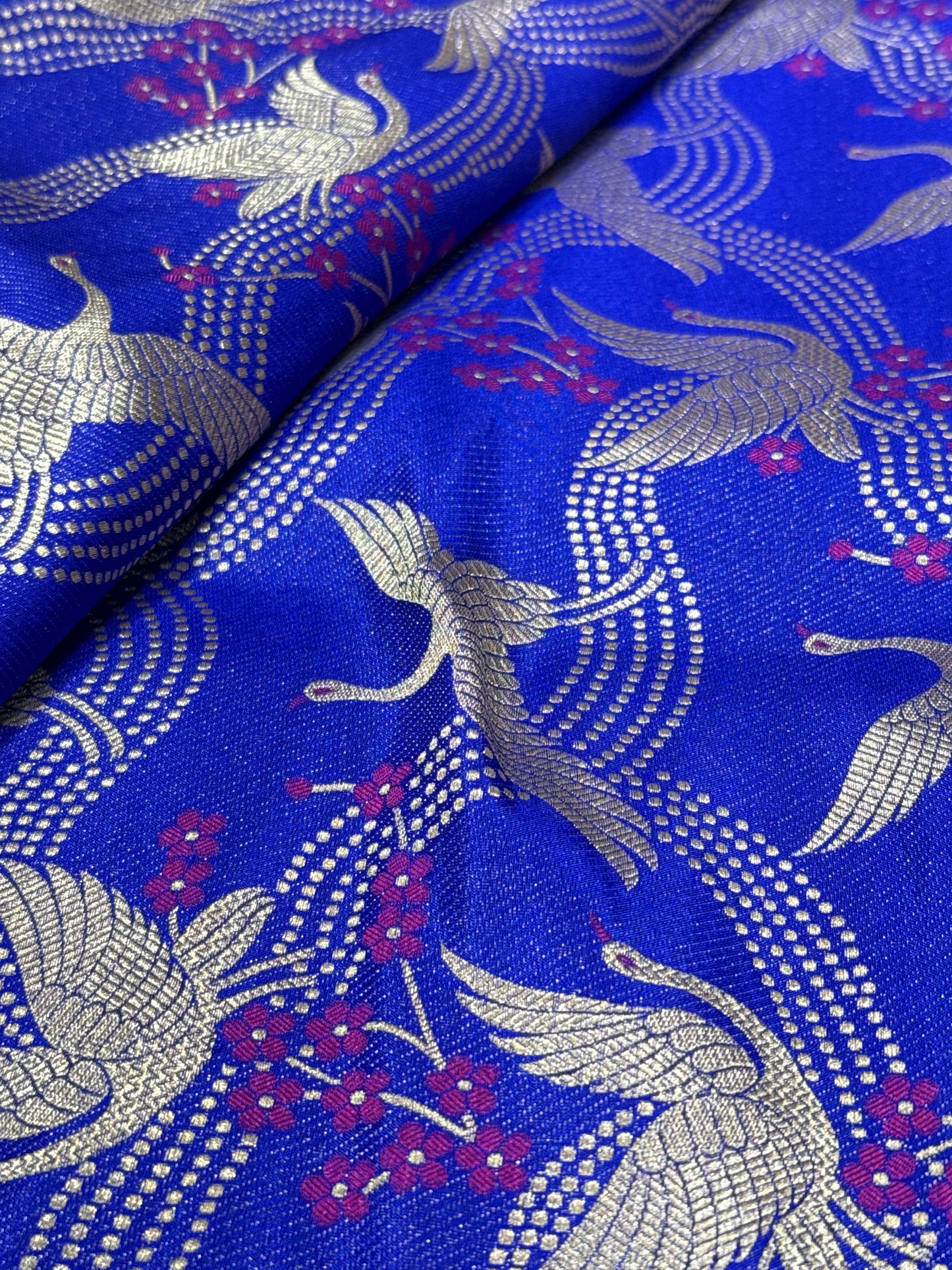 Handwoven Blue Silk Bird Motifs Jaal Meenakari Fabric Thaan