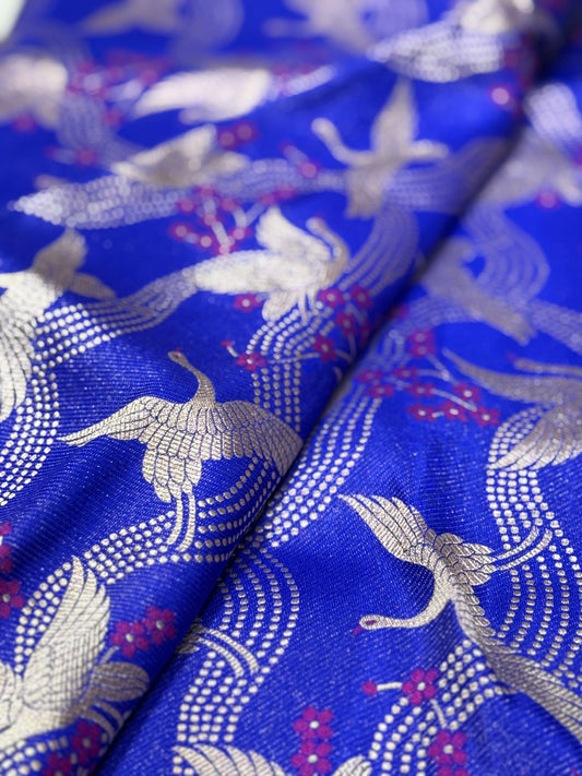 Handwoven Blue Silk Bird Motifs Jaal Meenakari Fabric Thaan