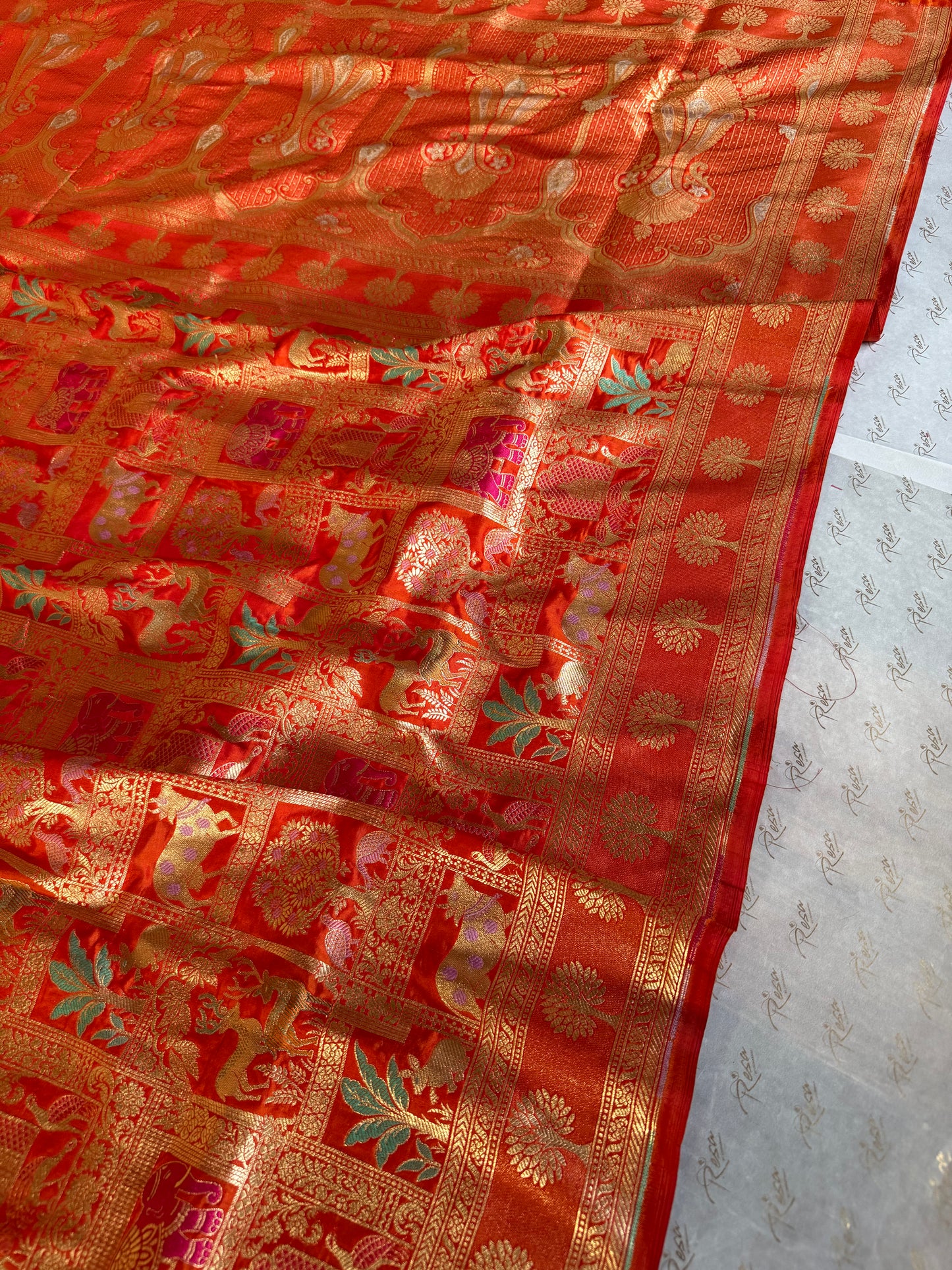 Handwoven Orange Katan Silk Shikargah Banarasi Saree
