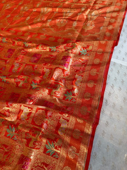 Handwoven Orange Katan Silk Shikargah Banarasi Saree