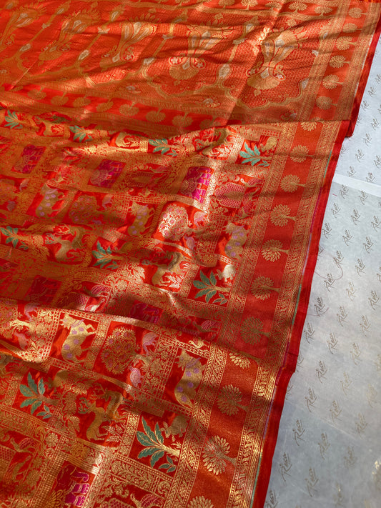 Handwoven Orange Katan Silk Shikargah Banarasi Saree