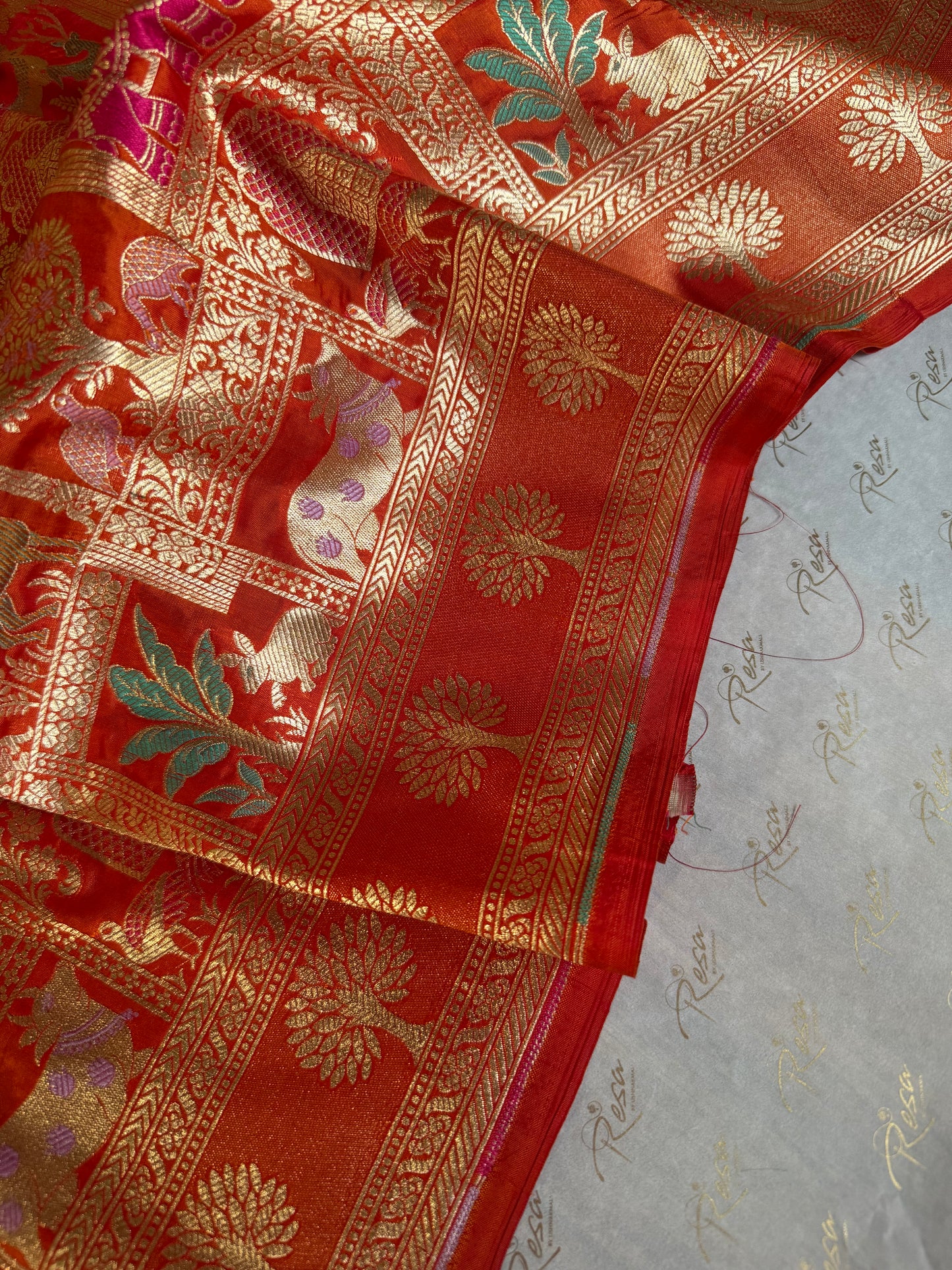 Handwoven Orange Katan Silk Shikargah Banarasi Saree