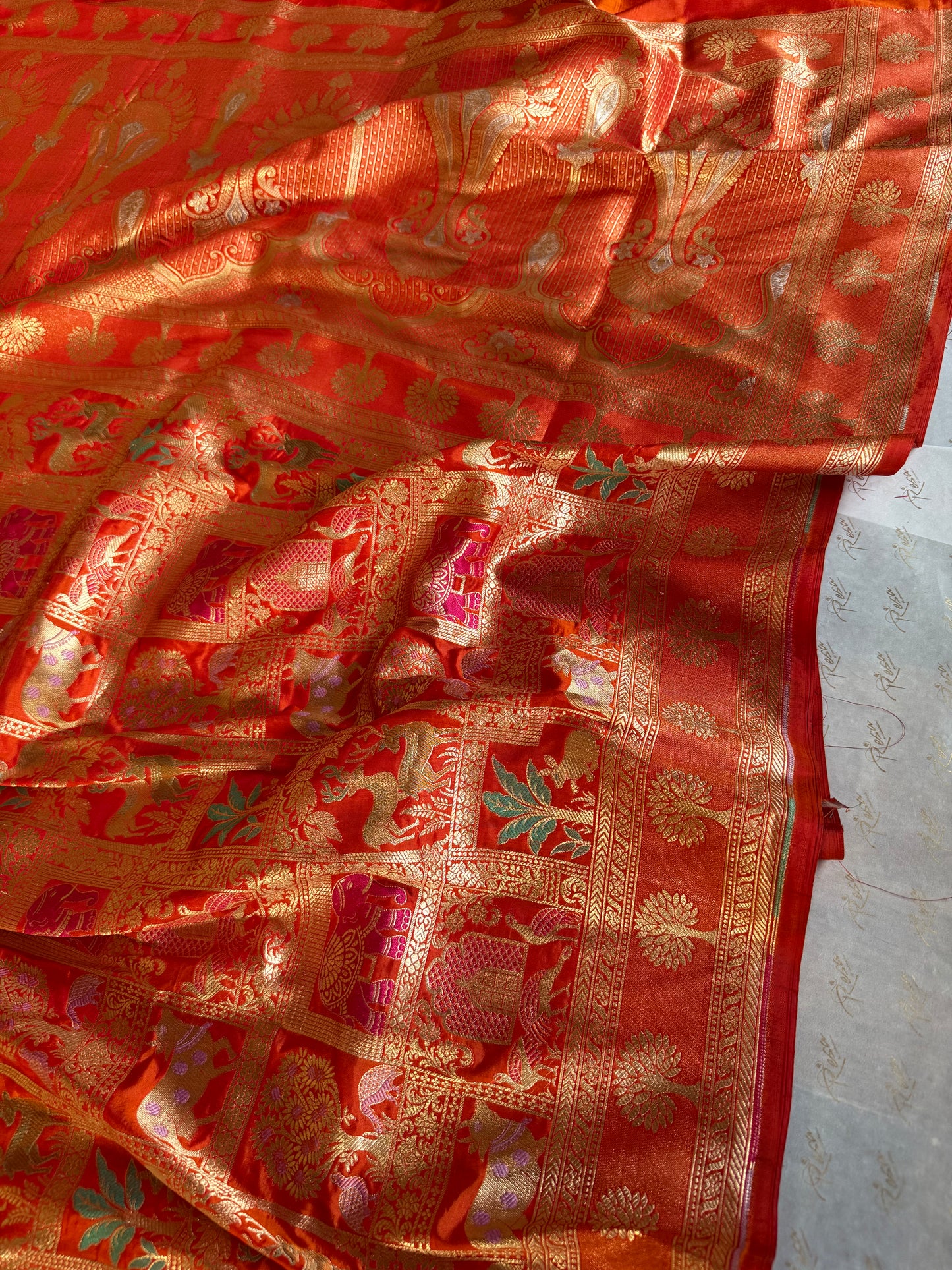 Handwoven Orange Katan Silk Shikargah Banarasi Saree