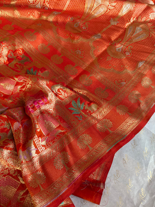 Handwoven Orange Katan Silk Shikargah Banarasi Saree