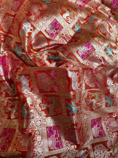 Handwoven Orange Katan Silk Shikargah Banarasi Saree
