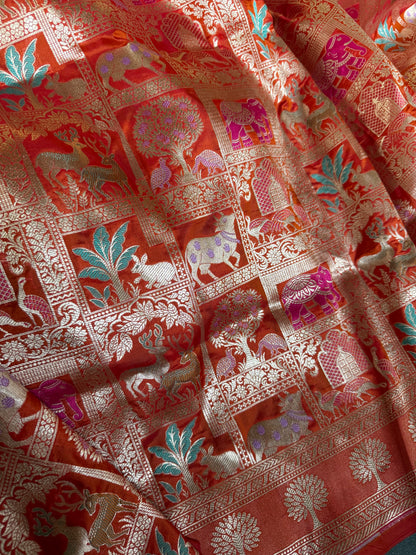 Handwoven Orange Katan Silk Shikargah Banarasi Saree