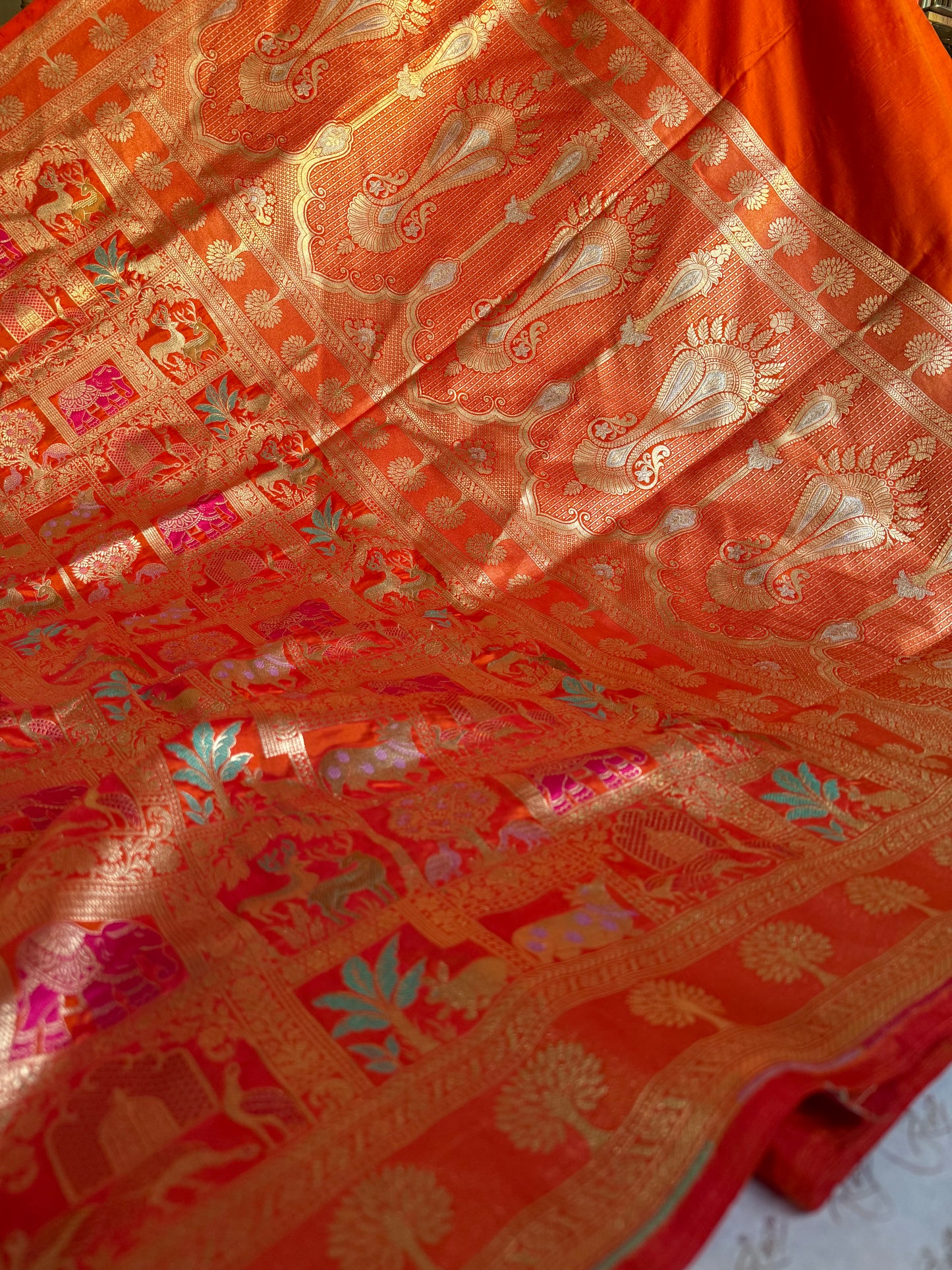 Handwoven Orange Katan Silk Shikargah Banarasi Saree