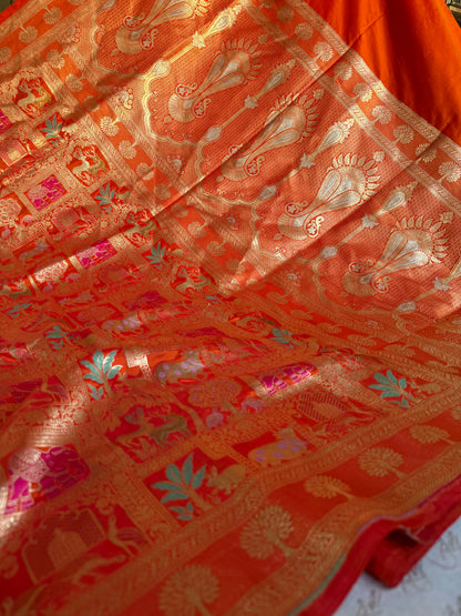 Handwoven Orange Katan Silk Shikargah Banarasi Saree