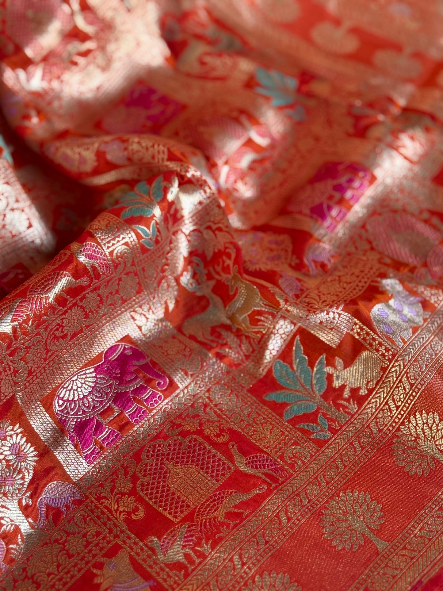 Handwoven Orange Katan Silk Shikargah Banarasi Saree