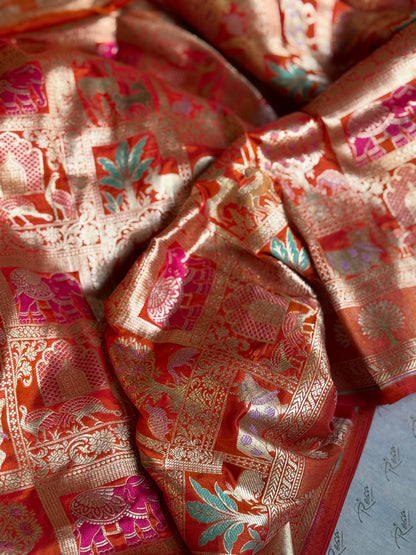 Handwoven Orange Katan Silk Shikargah Banarasi Saree